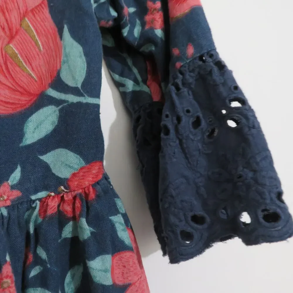 Utsa Kids Size 5-6 Years Blue Pink Floral Dress 3/4 Ruffle Sleeve